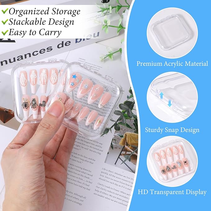 48 PCS Press On Nail Storage Box with 216 PCS Adhesive Nails Tapes, 3 X 3 Inch Press on Nail Case Nails Packaging for Presses Ons Acrylic Clear Nailes Display Box for Display Art Salon Supplies