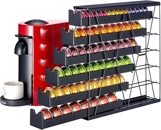 FlagShip 6-Tier Vertuo Pod Holder for Nespresso - 60+ Capsule Max Capacity Metal Rack, Ultra-Efficient Corner Storage Space Saving Design