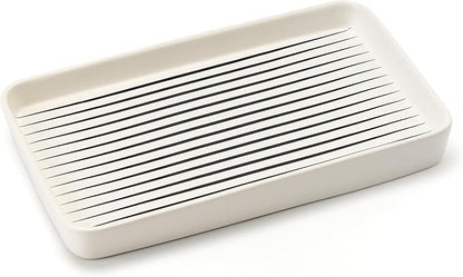 10"×6"×1" White Bathroom Vanity Tray for Countertop- Ceramic Decorative Organizer Tray for Dresser Tops, Toilet, Perfume, Sponge Holder Soap Dish Dispenser for Kitchen Counter- Black Stripes