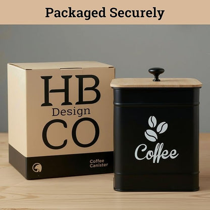 Airtight Coffee Canister - 40 oz Large Iron Black Coffee Container Airtight - 6 x 8 inch Metal Jar - Stylish Countertop Container for Coffee Grounds, Beans, Pods & More with Rubber-Lined Bamboo Lid