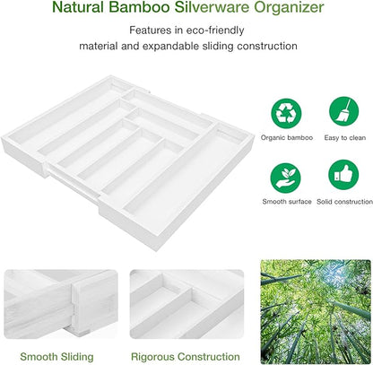 Pipishell Bamboo Expandable Drawer Organizer for Utensils Holder, Adjustable Cutlery Tray, Wood Drawer Dividers Organizer for Silverware, Flatware, Knives in Kitchen, Bedroom, Living Room (White)