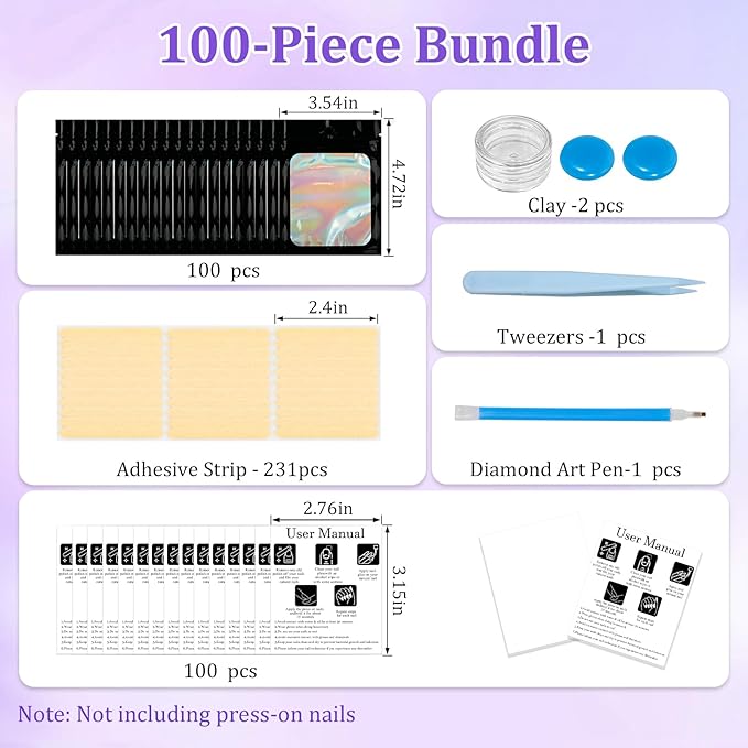 100PCS Press on Nail Packaging Bag, 100PCS Display Card with 231 Pcs Pre-cut Adhesive Tape & Diamond Art Pens & Glue Clay & Tweezers, 6-in-1 Set for Nail Display (Black)