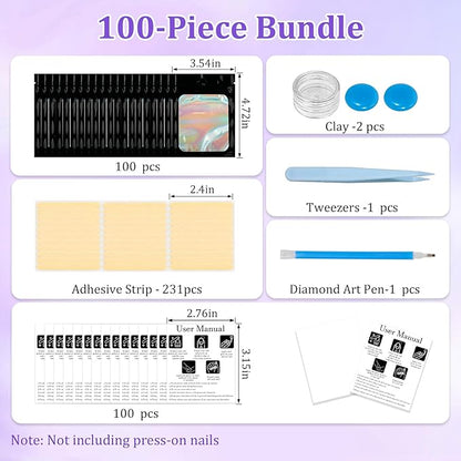 100PCS Press on Nail Packaging Bag, 100PCS Display Card with 231 Pcs Pre-cut Adhesive Tape & Diamond Art Pens & Glue Clay & Tweezers, 6-in-1 Set for Nail Display (Black)