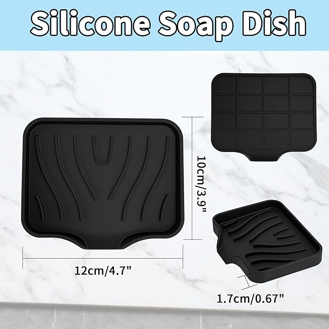 2 Pack Silicone Soap Dish with Drain, Self Draining Bar Soap Holder for Shower, Silicone Dish Soap Tray, Bathroom and Kitchen Sink Organizer, Black