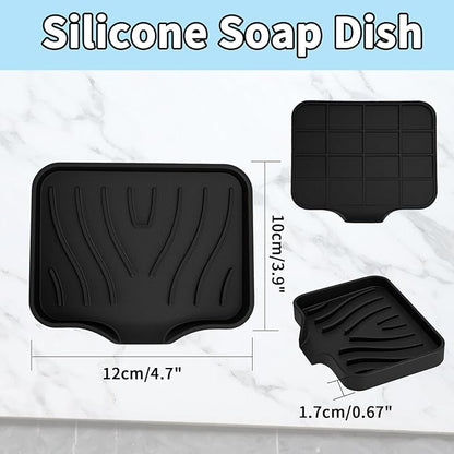 2 Pack Silicone Soap Dish with Drain, Self Draining Bar Soap Holder for Shower, Silicone Dish Soap Tray, Bathroom and Kitchen Sink Organizer, Black