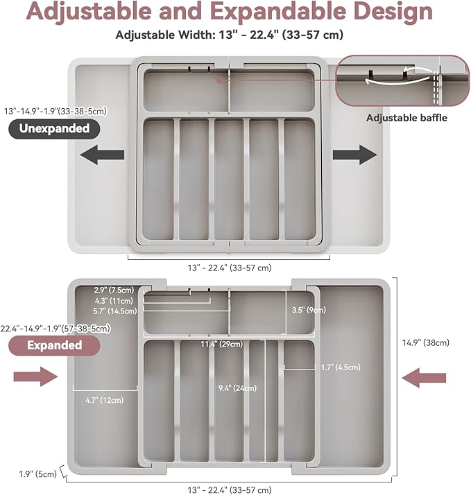 ABHENG 2 Pack Silverware Organizer, Expandable and Adjustable Kitchen Utensil Drawer Organizer, Plastic Cutlery Holder with Multiple Compartments,Cutlery Holder,for Spoons Forks Knives,Grey,UAFD012G