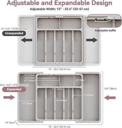 ABHENG Silverware Organizer, Expandable and Adjustable Kitchen Utensil Drawer Organizer, Plastic Cutlery Holder with Multiple Compartments, Cutlery Holder,for Spoons Forks Knives, Grey, UAFD011G