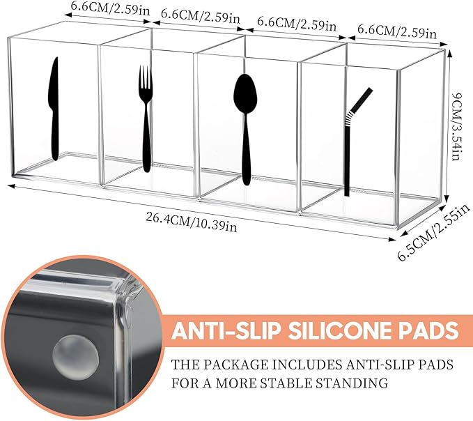 Acrylic Cutlery Storage Organizer Bin with Straw Holder, Clear Acrylic Silverware Caddy Utensil Holder 4 Section Plastic Cutlery Caddy Straw Organizer for Countertop Kitchen Party Buffet Picnic