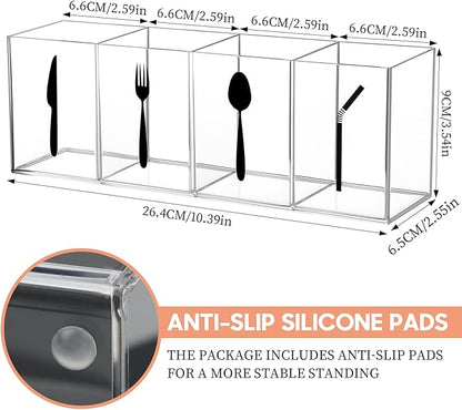 Acrylic Cutlery Storage Organizer Bin with Straw Holder, Clear Acrylic Silverware Caddy Utensil Holder 4 Section Plastic Cutlery Caddy Straw Organizer for Countertop Kitchen Party Buffet Picnic