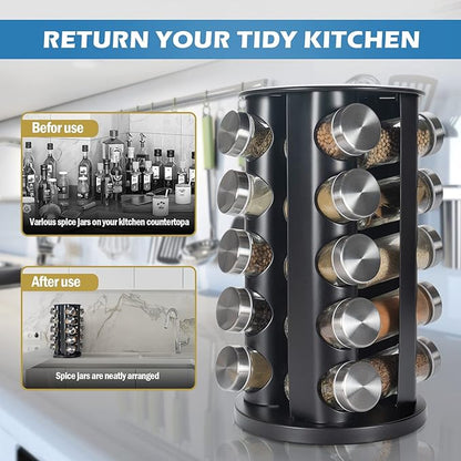 Tianifa Black Countertop Revolving Spice Rack, Empty 20-Jars Rotating Spice Rack Organizer, Round Carousel Tower, 135 Spice Labels with Funnel Complete Set, for Kitchen Countertop, Cabinet