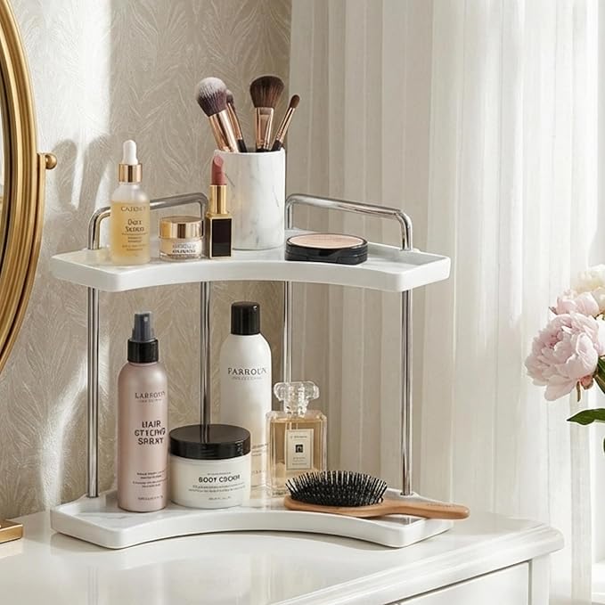 KES Ceramic Bathroom Corner Countertop Organizer, 2-Tier Marble Pattern Corner Counter Shelf, Vanity Skincare Perfume Organizer and Makeup Storage, Polished Chrome, BSC900B-CH