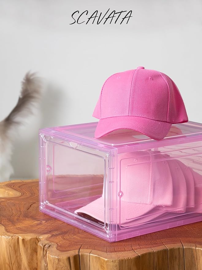 SCAVATA 6 Pack Hat Organizer Box, Stackable Clear Baseball Caps Holder Box Containers with Magnetic Door for Hats Snapback Cap Storag, Hat Rack Display Case, Holds 8 Hats Each (Pink)