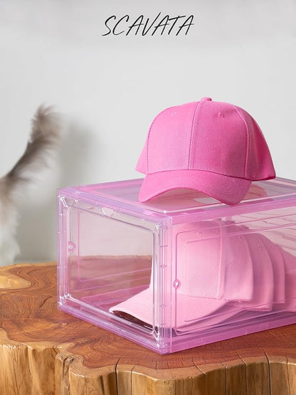 SCAVATA 6 Pack Hat Organizer Box, Stackable Clear Baseball Caps Holder Box Containers with Magnetic Door for Hats Snapback Cap Storag, Hat Rack Display Case, Holds 8 Hats Each (Pink)