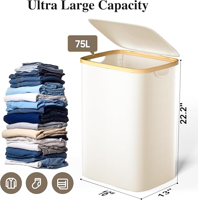Foluck Large Laundry Hamper, 75L Waterproof Laundry Basket with Lid and Removable Bag, Collapsible Tall Clothes Hamper with Bamboo Handles for Clothes Toys in Dorm Bedroom Bathroom, Beige