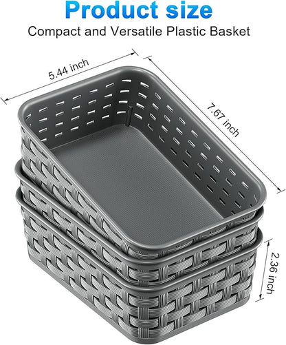 3 Pack Small Plastic Basket, Storage Bin Baskets for Organizing, Pantry Organizer Household Wicker Storage for Laundry Room, Bedrooms, Kitchens, Cabinets, Countertops, Dark Gray