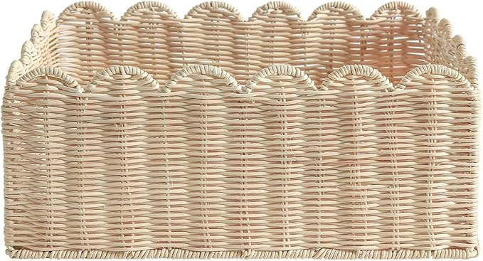 Scalloped Basket, Wicker Storage Baskets, Hand Woven Baskets for Shelves,Natural Baskets for Organizing (Rattan&M-14" L x 10.5" W x 6" H)