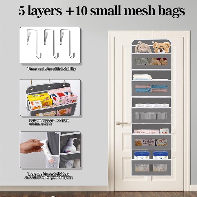 KYEVIS Over The Door Organizer, 5 Shelves Closet Door Hanging Storage and Organizer with 10 Mesh Pockets, Nursery Closet Organizer, Baby Essentials, Stuffed Animal Storage