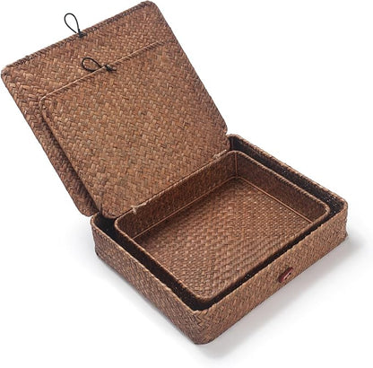 Seagrass Storage Basket Bins with Lid Rectangular Woven Shelf Baskets for Organize Snack Toys Set of 2 (Large+Small) (Coffee)