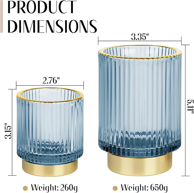 Makeup Brush holder Organizer, Crystal Glass Toothbrush Holders, Striped Make Up Brush Holder for Vanity, Pen Holder for Desk, Vase -Blue (S+L)