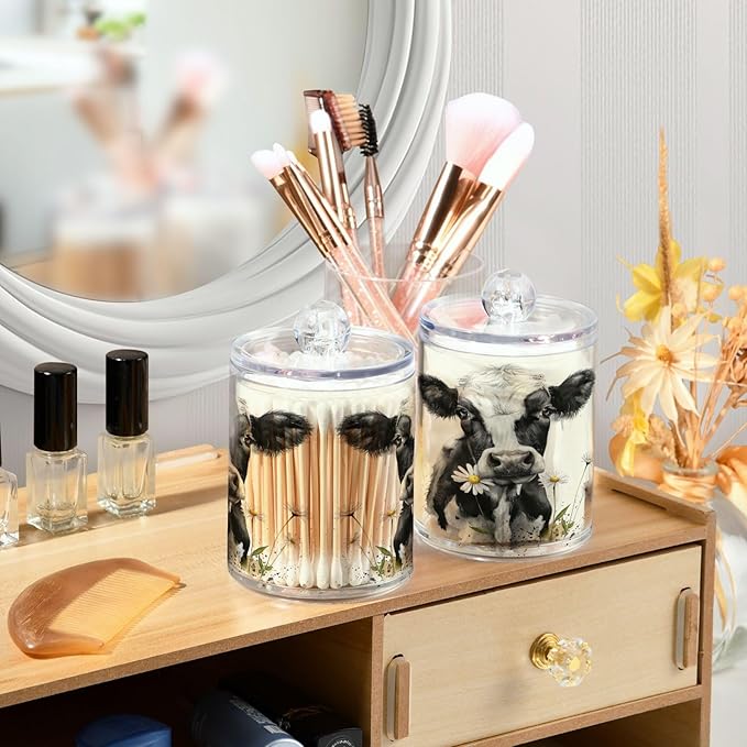 Watercolor Cow Qtip Holder 4 Pack - 10 Oz Clear Plastic Apothecary Jar Set for Bathroom Organization - Versatile Canister Storage for Cotton Balls, Swabs, Rounds