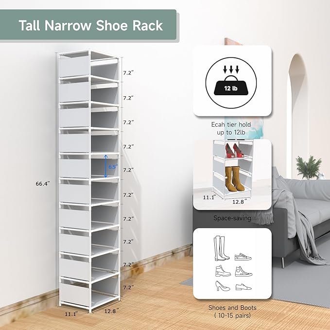 10 Tier Vertical Shoe Rack - White Narrow Shoe Rack for Closet & Entryway, Space Saving Tall Shoe Organizer for Small Spaces, Sturdy Skinny Shoe Tower Stand for Boots & Heels