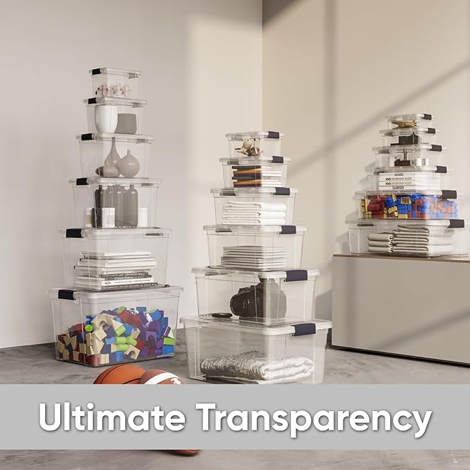 Superio Clear Storage Box with Lid, 26 Quart Plastic Container Bins for Organizing, Stackable Crates, BPA Free, Non Toxic, Odor Free, Organizers for Home, Office, School, and Dorm, 10 Pack