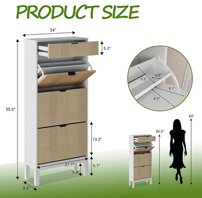 IDEALHOUSE Shoe Storage Cabinet with 3 Flip Drawers, Farmhouse Fluted Shoe Organizer with Metal Legs, Freestanding Hidden Slim Narrow Shoe Rack for Entryway, Foyer, Hallway