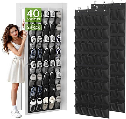 Over the Door Shoe Organizer with 40 Large Breathable Mesh Pockets, Space Saving Shoe Holder, Hanging Shoe Rack for Entryway Bedroom Closet Storage (Black, 80 Pockets)
