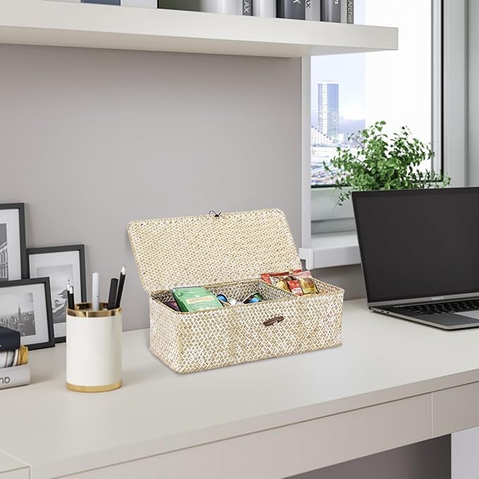 Hipiwe Seagrass Storage Basket Bin 3 Sections Hand-Woven Wicker Baskets with Lid Bathroom Basket Toilet Tank Baskets Holder for Organize Snack Tissue, Whitewash