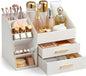 Lolalet Makeup Organizer Countertop with Drawers, Easy to Clean PU Leather Storage Box, 3-Layer Cosmetic Holder for Skincare, Lipstick, Perfume & Brush, Display Case for Vanity Dresser Bathroom -Cream
