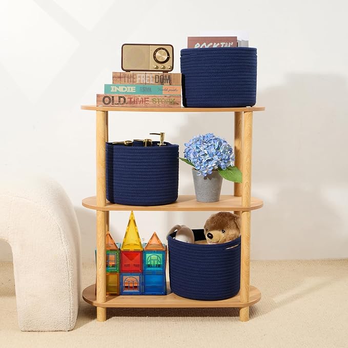 MiniArk Small Basket for Organizing | Cube Shelf Closet Storage Baskets | 9.7×9.7×7.1” | Woven Rope Gift Basket | Nursery | Round 3 Packs Navy Blue