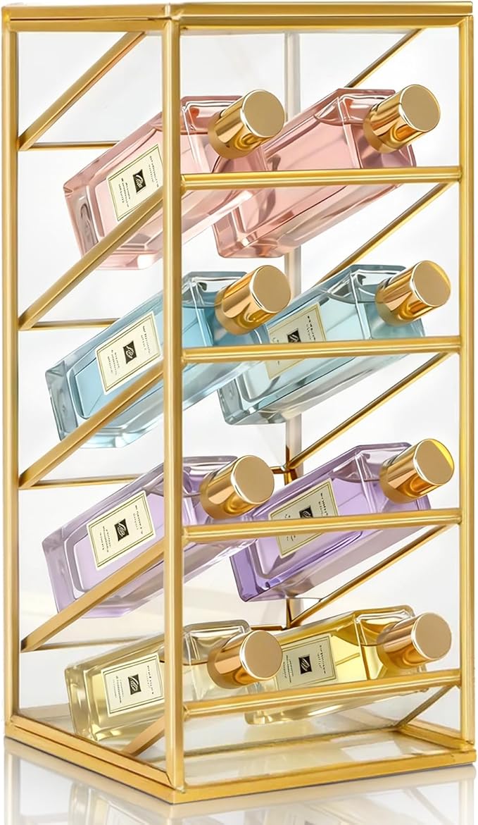 Peohud Rollerball Perfume Organizer, 4 Compartment Gold Glass Makeup Brush Holder, Vintage Desktop Organizer for Lipstick, Pen, Pencil, Home, Bathroom