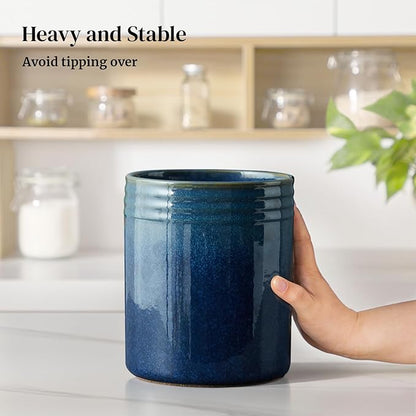 DOWAN 7.2" Kitchen Utensil Holder, Extra Large Farmhouse Utensil Holders for Countertop, Ceramic Utensil Crock, Anti Slip Cork Bottom