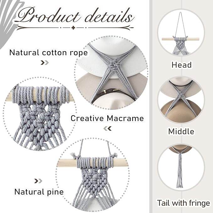 Yulejo Macrame Hat Hangers Boho Hat Rack Cowboy Hat Hanger Back of Door Hat Organizer (Gray,Three Hats Style)