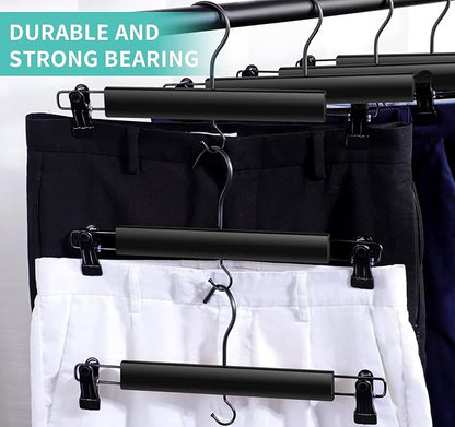 Black Wooden Hangers for Pants and Skirts - 10 Pack, Premium Quality Noise Reduction Coated Hook, Durable Two-Way Sure Grip Clips, Closet Organization, Non-Slip & Space Saving