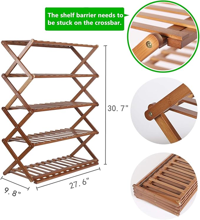 PENGKE 5 Tier Shoe Rack,Multi Tier Foldable Bamboo Shoe Organizer Rack Multifunctional Storage Free Standing Shoe Shelf