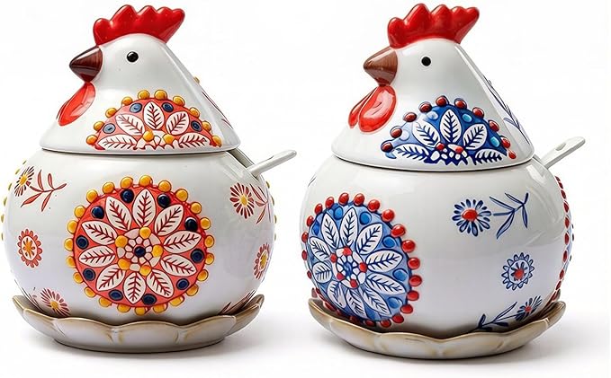 2 Pcs Ceramic Salt Cellar with Lid 、Tray and Spoon, 13 OZ Large Chicken Salt Jar, Salt Holder for Counter, Coffee, Sugar, Spices and Candies, Salt Containers for Countertop (Bule and Red)