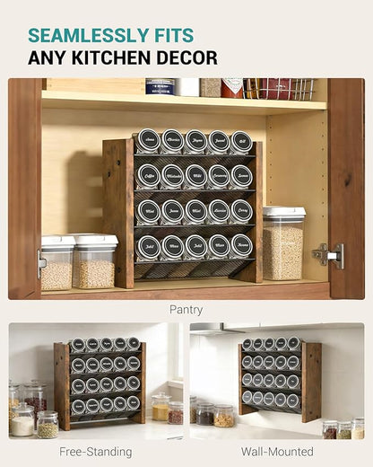 NESAPTO Spice Rack Organizer with 20 Glass Spice Jars, Wood 4-Tier Seasoning Organizer with Labels for Cabinet, Pantry, Countertop or Wall Mount, Chalk Marker and Funnel Set, 10.3" W × 9.4" H