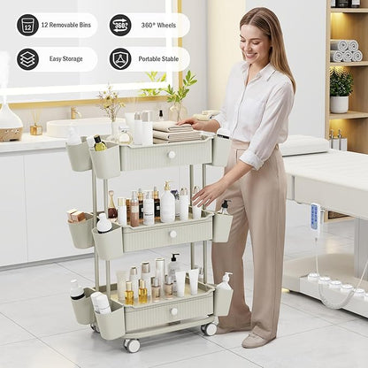 3 Tier Drawer Beauty Cart with 12 Movable Storage Organizer, Thickened ABS & 360° Wheels for Salon Station for Hair Stylist, Beauty Salon, Spa Massage Parlor, Makeup Organizer and More - Beige Gray