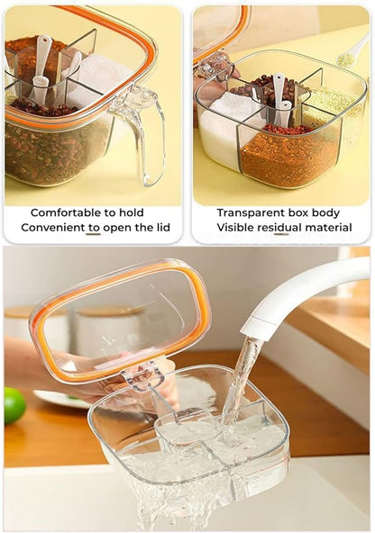 Clear Plastic Condiment Jars - 4 Compartment Set with Lid, Cover and Serving Spoons for Salt, Pepper, Powder