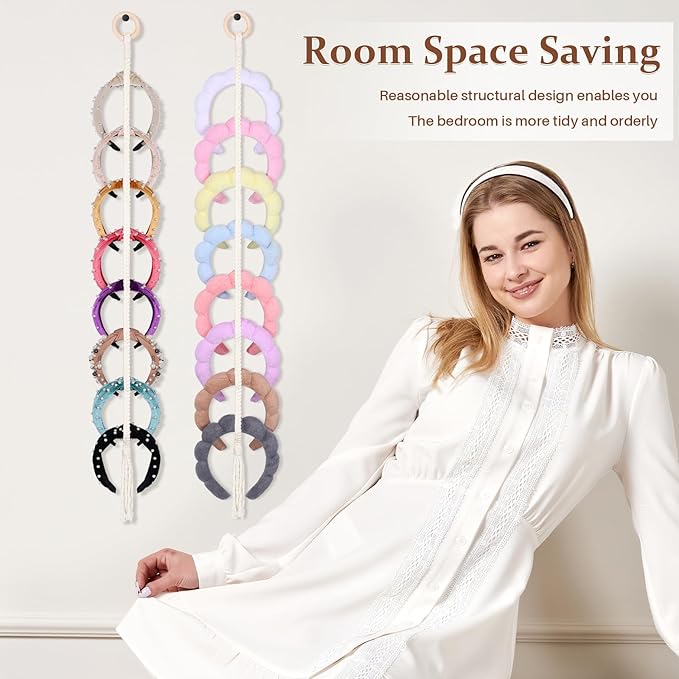 3 PCS Headband Holder Organizer for Girl,Hanging Hairband Storage for Women,Beige Hair Hoop Display Hair Accessories Organizer Bedroom College Dorm Decor(Beige Beads)