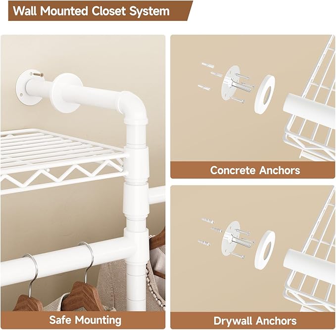 Wall-Mounted 3-Section Closet System, Expandable Industrial Pipe Clothing Rack with 4 Telescopic Rods & 6 Mesh Shelves, Heavy Duty Garment Organizer for Walk-In Closets & Bedrooms, White