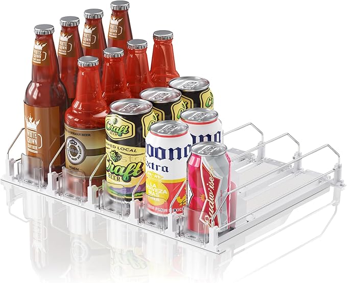 Drink Organizer for Mini Fridge (Fits Depth ≥ 12.2"), 12oz 16oz 20oz Soda Can Dispenser, Width Adjustable Automatic Pusher Glide, 12.2" D 5ROW Holds 20 Cans, White