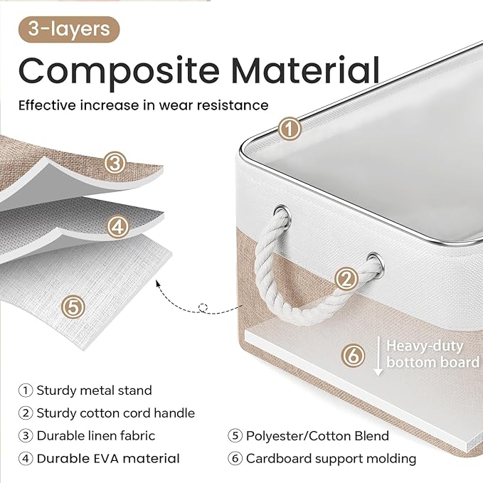 Large Storage Baskets- 15.7x11.8x8.26 inch Storage Bins for Shelves and Closet Organizing, Foldable Fabric Bin for Home Organization Clothes and Laundry (6-Pack, White&Khaki)