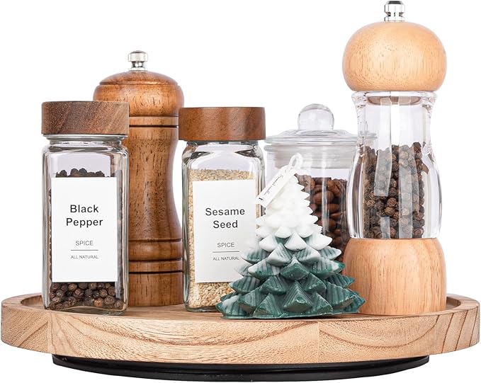 Wood Lazy Susan Organizer Kitchen Turntable for Cabinet Farmhouse Bathroom Decor Round Decorative Tray for Vanity, Counter, Sink, Coffee Table, 10 Inch, Brown