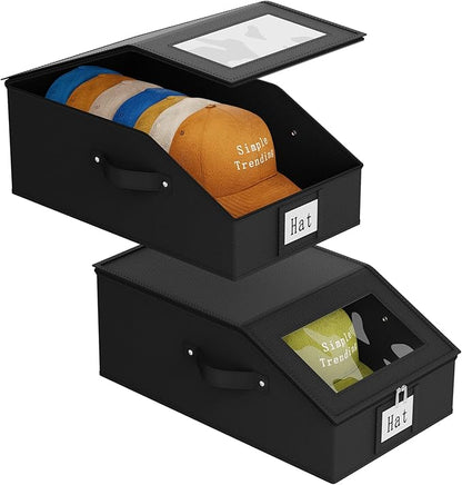Simple Trending Hat Organizer for Baseball Caps, 2PCS Stackable Storage with Clear Window Lid,Hat Box for Closet, Holds up to 24 Caps Hat Organizer for Closet,Black
