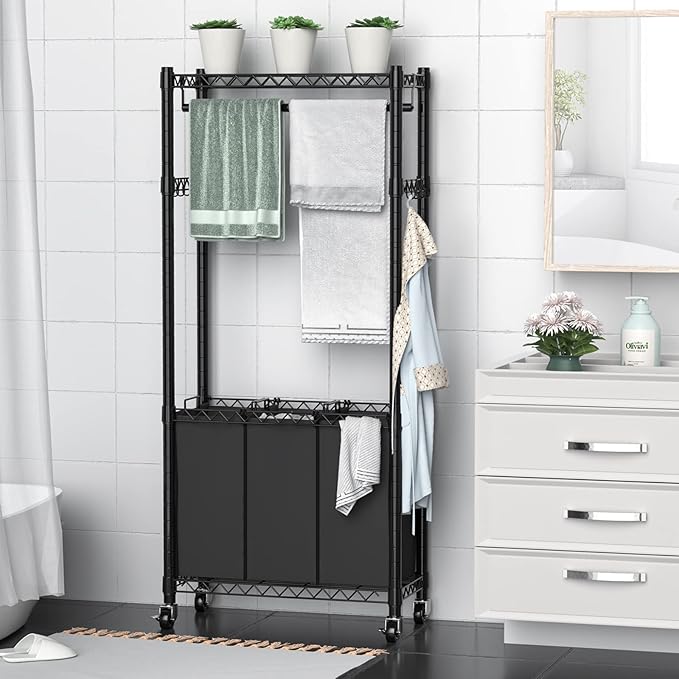 Hodonas Rolling Laundry Basket Organizer with Wheels and Hanging Bar, Laundry Hamper Cart Laundry Sorter 3 Section, Dirty Clothes Hampers for Laundry Bedroom Bathroom w/ 3 Removable Bags, Black