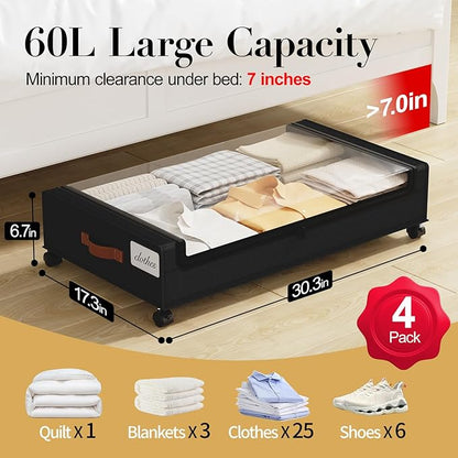 Yecaye Under Bed Storage with Wheels, 4 Pack Under the Bed Storage Containers with Lids & Label, XXL 60L Rolling Underbed Storage Drawers for Clothes, Blankets, Shoes, Black