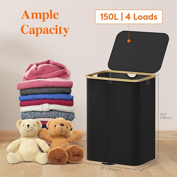 Lifewit 150L Double Laundry Hamper with Lid, Large Laundry Basket with Removable Bag & Bamboo Handles, Fodable Tall Dirty Clothes Hamper for Laundry Collapsible Bin for Bathroom Bedroom Dorm, Black