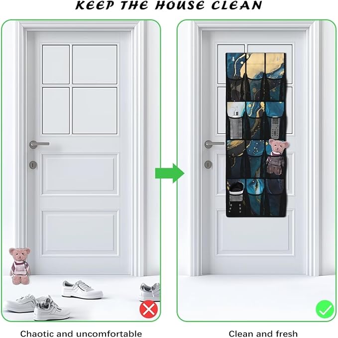 Hanging Storage Pockets Over The Door Organizer Storage for Closet with 12 Mesh Pockets Organizers, Clothes Organizer for Bathroom Bedroom,Blue Marble